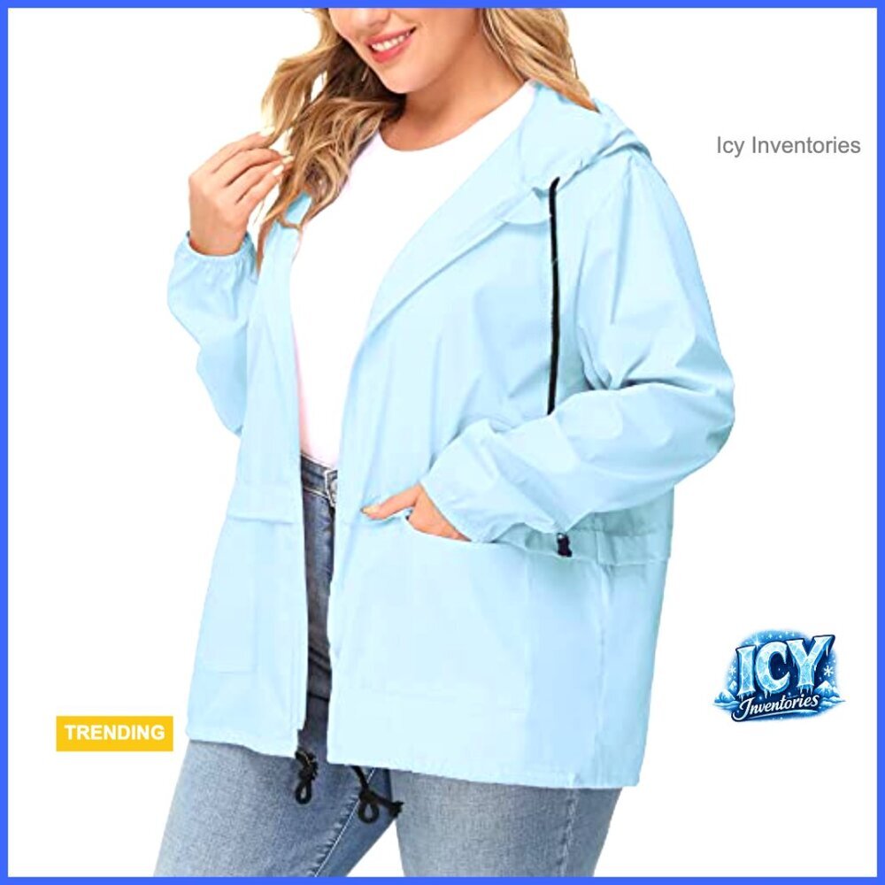 Waterproof Rain Jacket Packable Hooded Windbreaker Plus Size - Picture 2 of 5